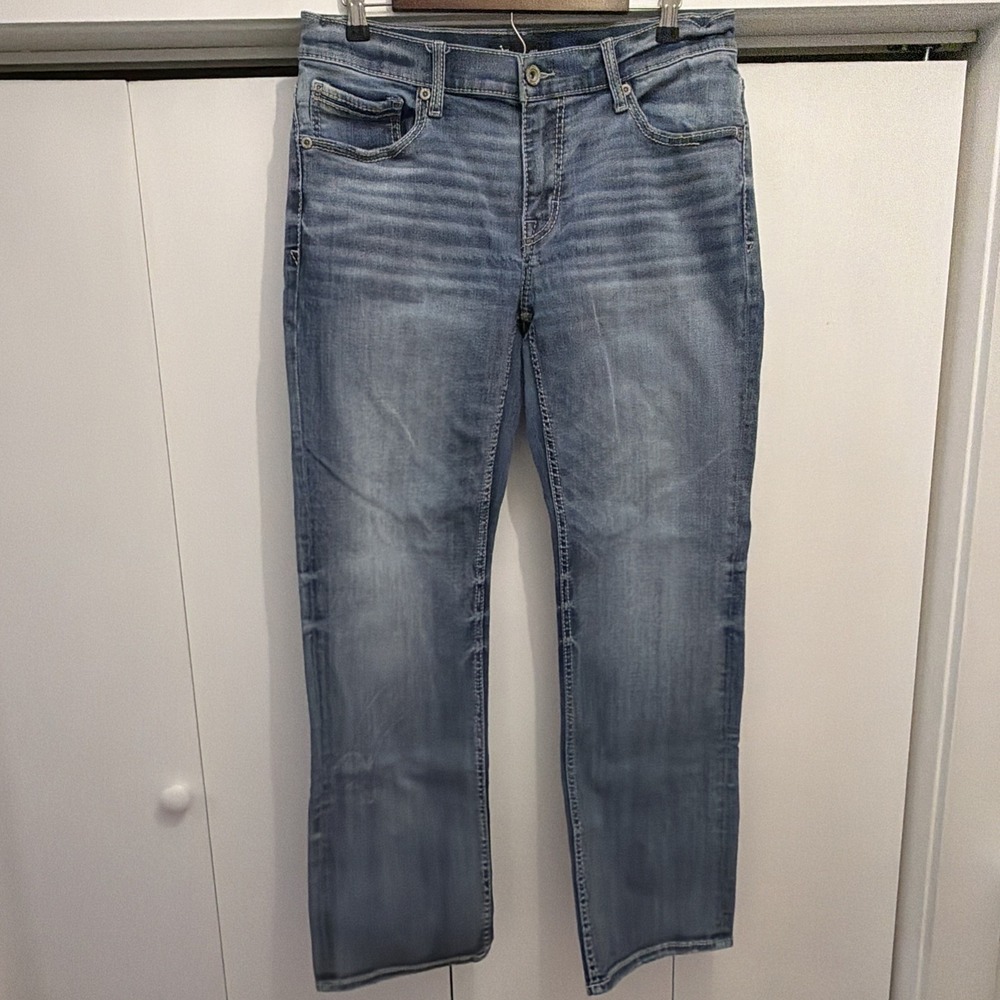 BKE Buckle Men's Sz 34x32 Jake Blue Denim Stretch Jeans, Distressed GUC!